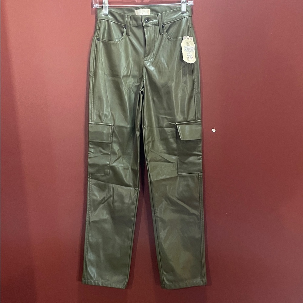 Olive Green Faux Leather Cargo Pants